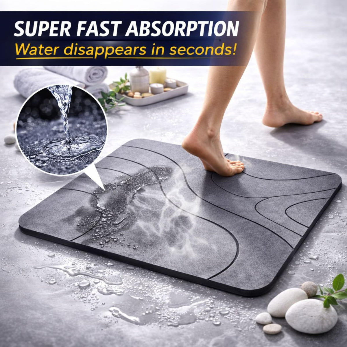 Alfombra de Baño de Diatomita 60 × 40 cm | Piedra Absorbente de Secado Rápido – VERADGROUP - Gris Piedra