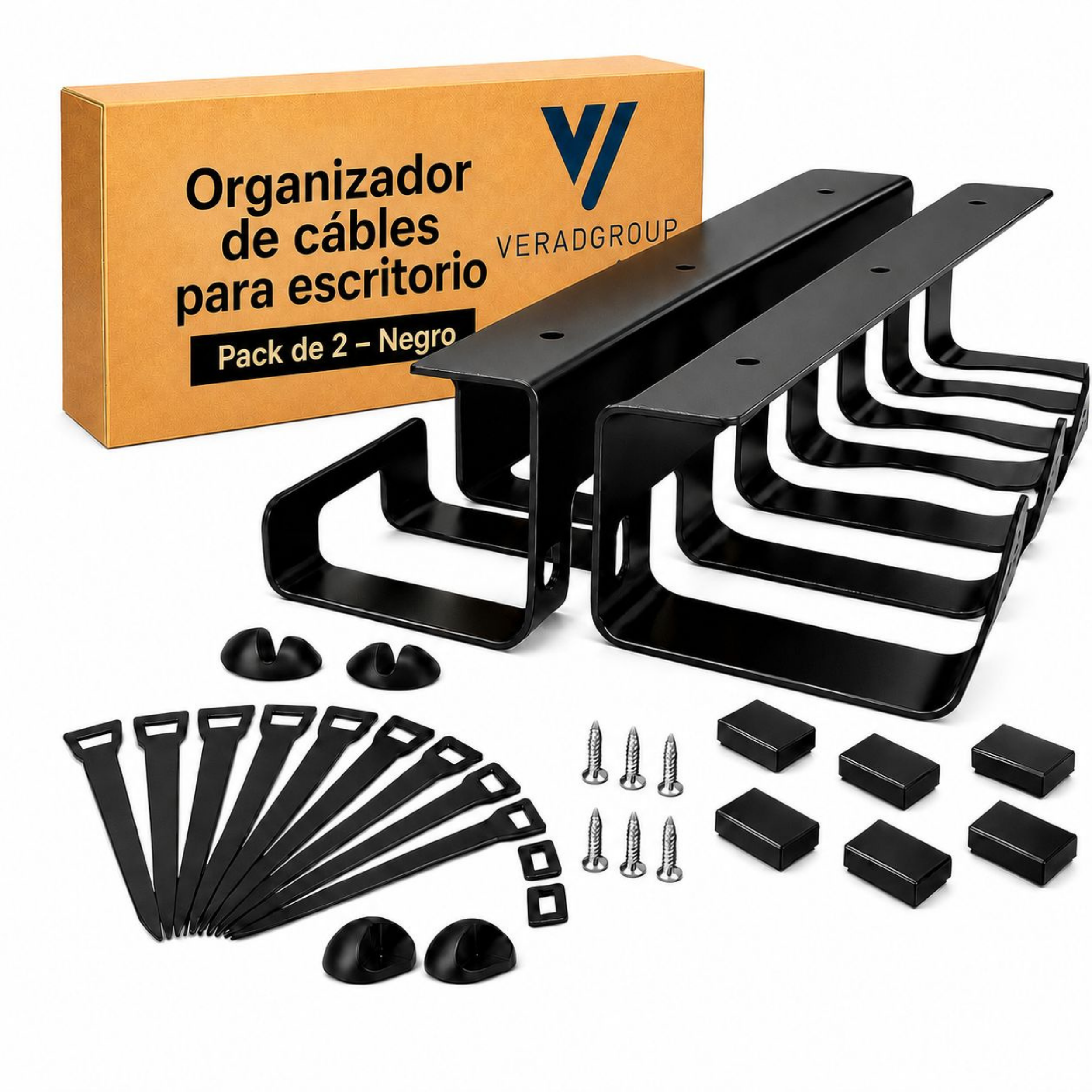 VERADGROUP® Organizador de Cables para Escritorio 43 cm | Acero Negro – 2 Unidades